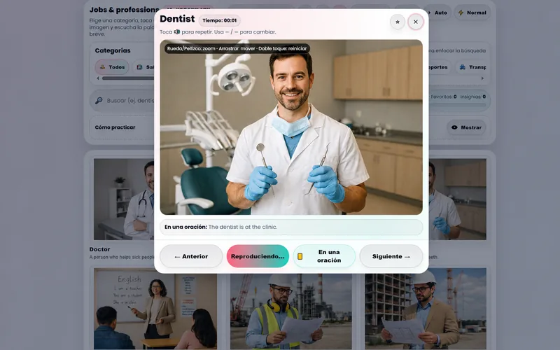 Actividad de vocabulario sobre profesiones con fotografía, palabra objetivo y controles de audio y navegación.