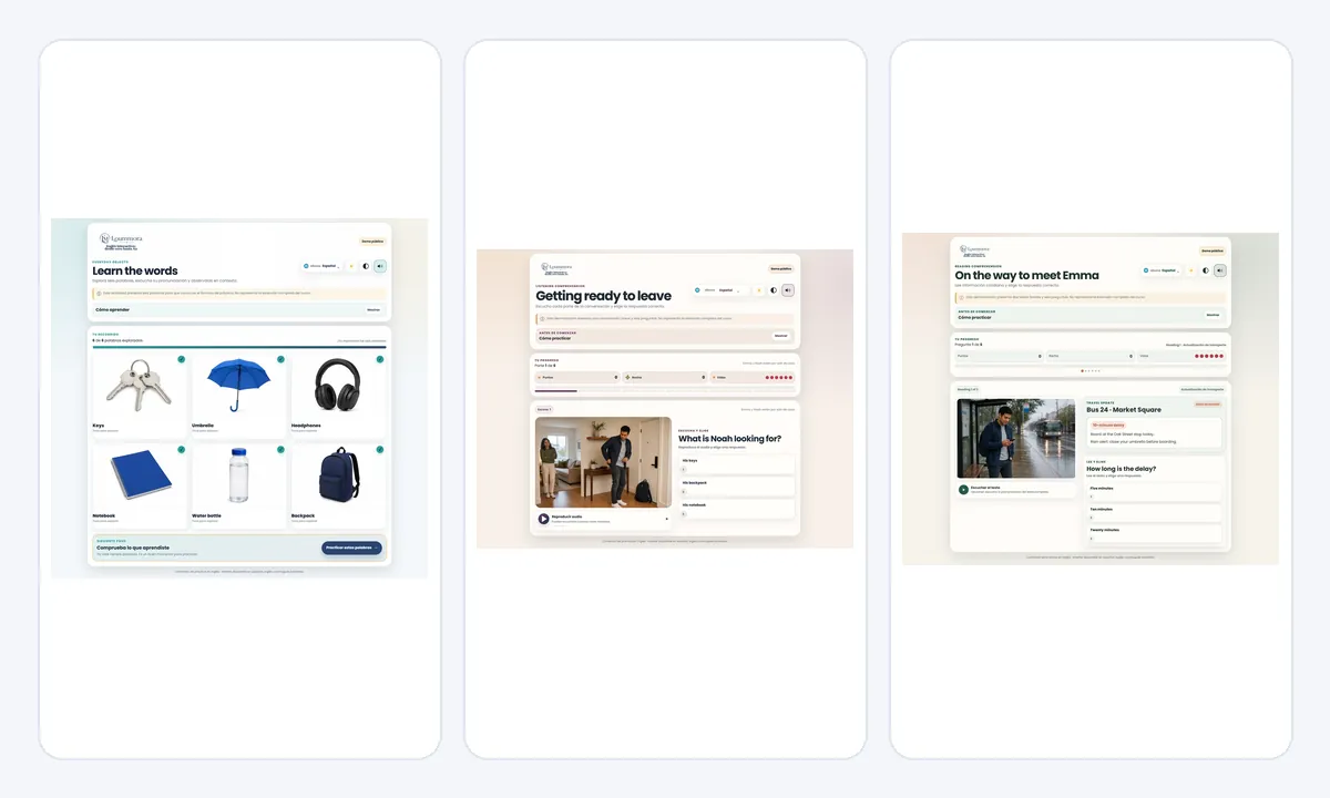 Vista compuesta con ejemplos de las demos públicas de vocabulario, comprensión auditiva y lectura.