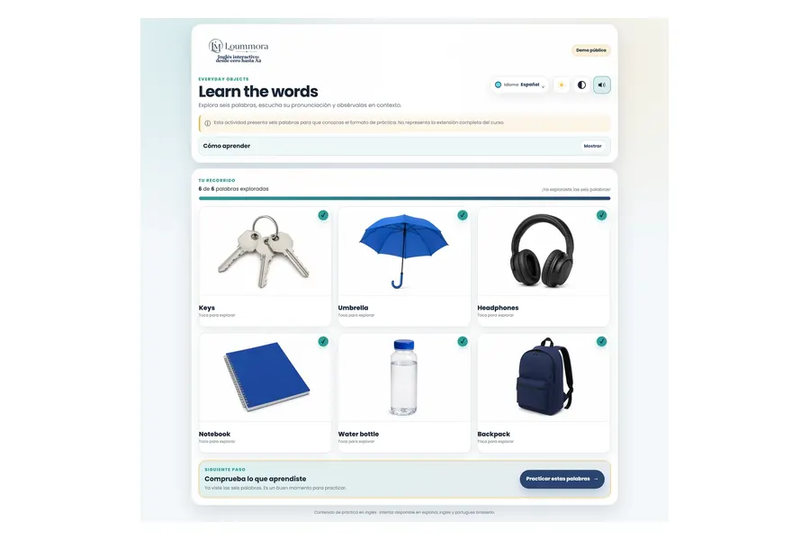 Demo pública de vocabulario con imagen, palabra objetivo, audio y navegación.