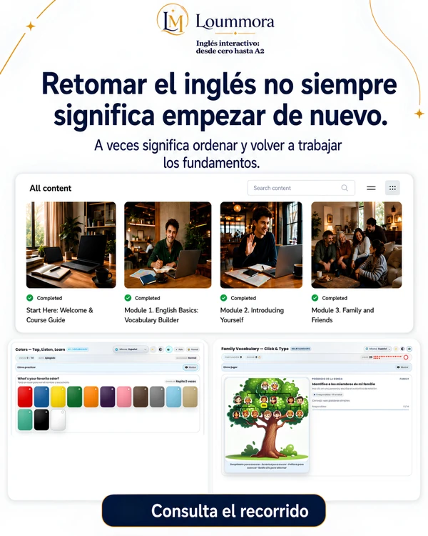 Publicación promocional con el mensaje Retomar el inglés no siempre significa empezar de nuevo, una vista de los primeros módulos y ejemplos de vocabulario del curso.